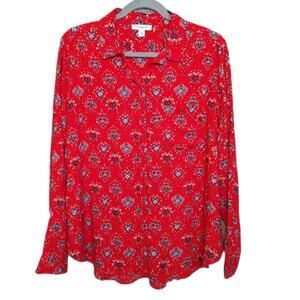 BeachLunchLounge Red Heart Print Button Down Long Sleeve Shirt Women’s L